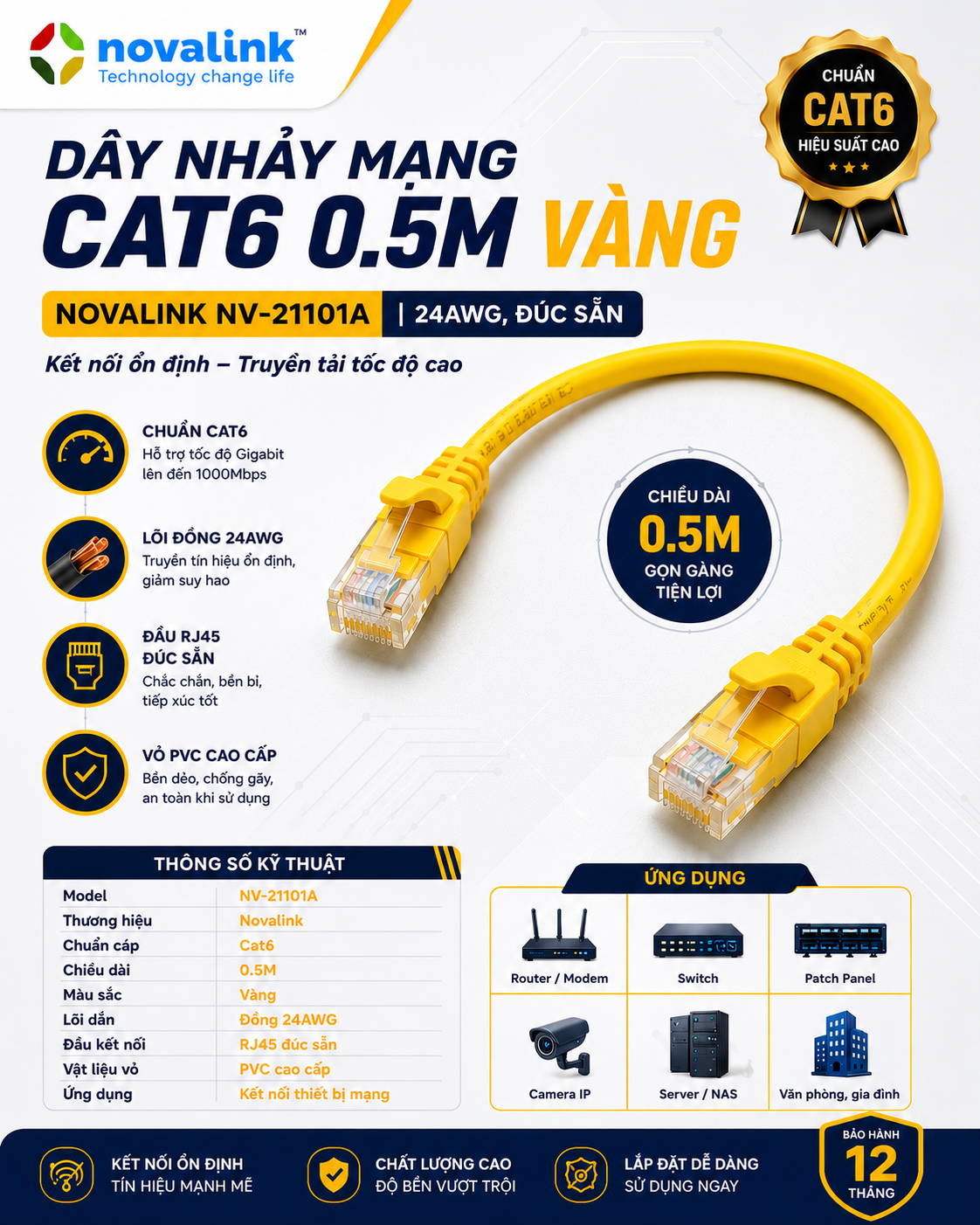 Dây Nhảy Cat6 0.5M Vàng Novalink NV-21101A | 24AWG, Đúc Sẵn, Bền Bỉ